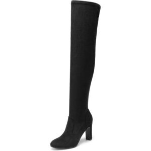 Women Black-suede Faux Suede Rounded Toe Over The Knee Thigh High Long Boots